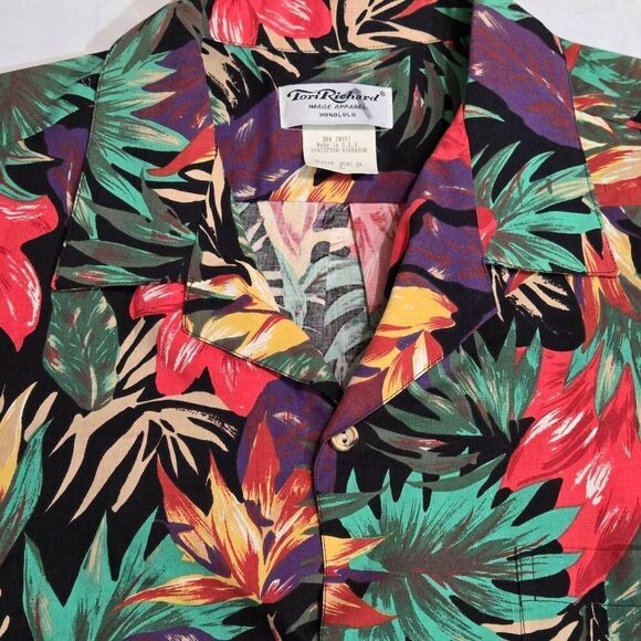 TORI RICHARD VINTAGE HAWAIIAN CAMP SHIRT MENS SIZE LARGE BLACK BIRD OF PARADISE - Picture 3 of 6